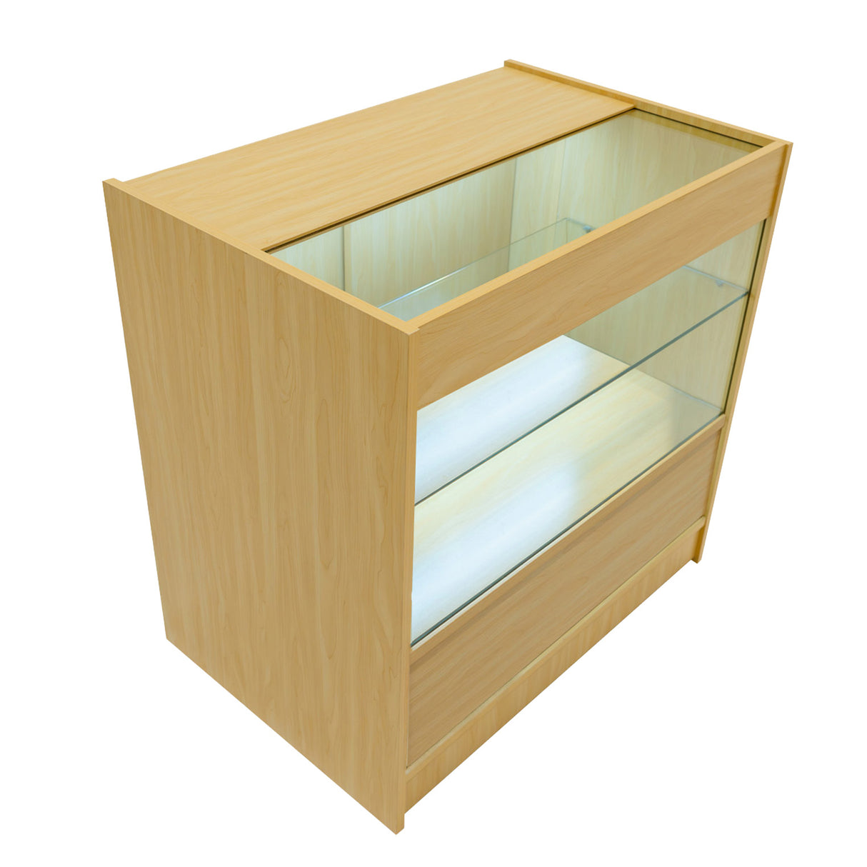 Bancone da negozio in legno d'acero con illuminazione LED, ripiani in vetro trasparente e finitura liscia e moderna