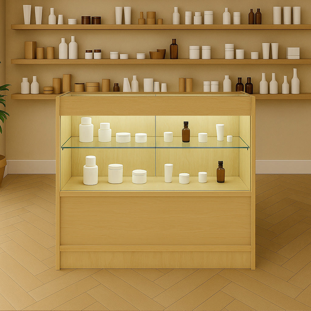 Bancone da negozio in legno d'acero con illuminazione LED, ripiani in vetro e prodotti cosmetici bianchi e marroni esposti