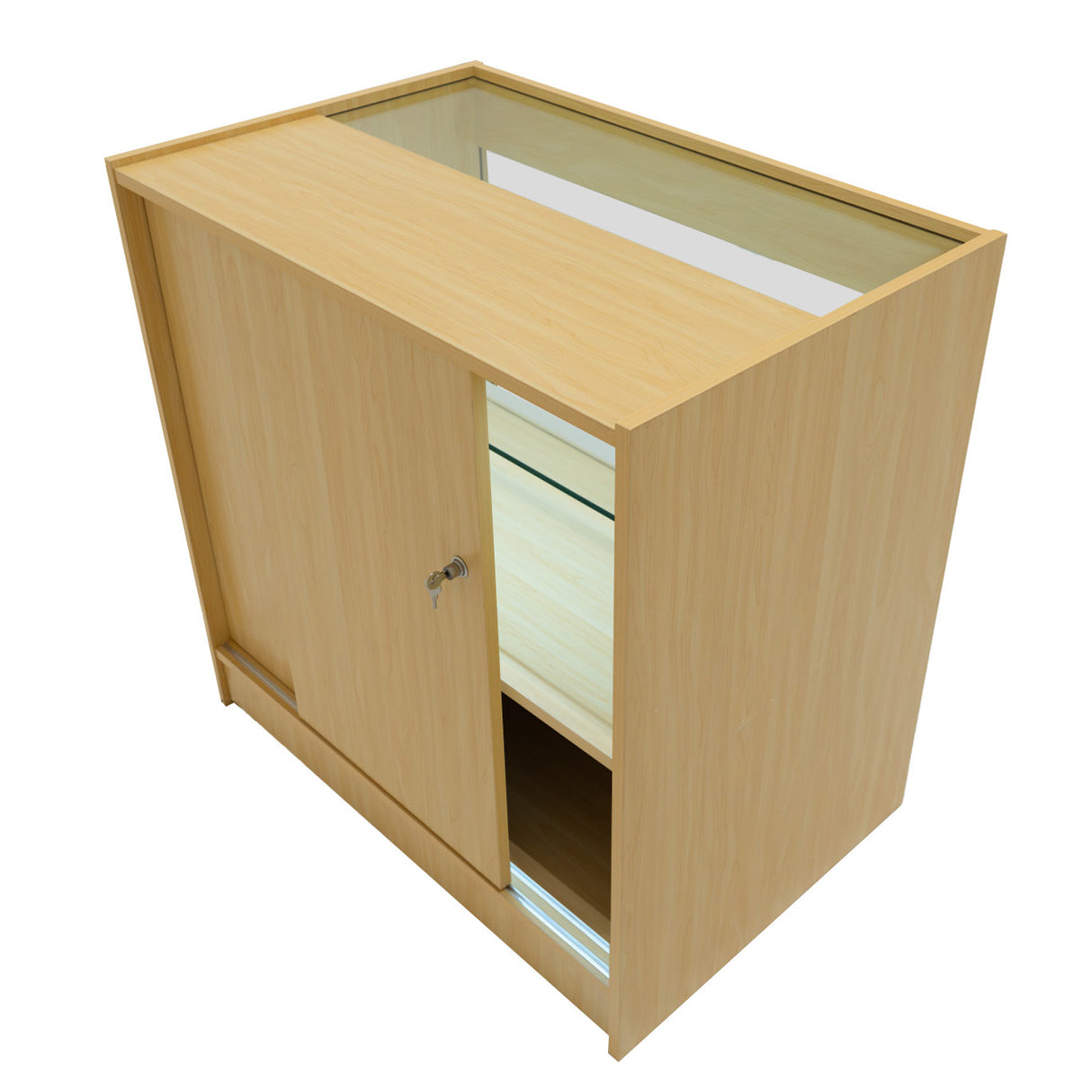 Bancone da negozio in legno d'acero con finitura chiara, dotato di illuminazione LED e ante scorrevoli per esposizione prodotti