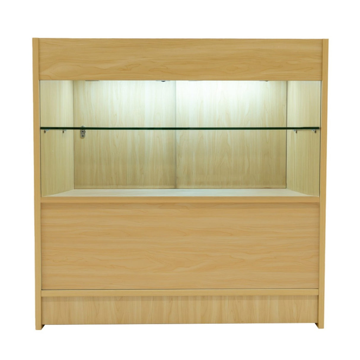 Bancone da negozio in legno d'acero chiaro con illuminazione LED, ripiani in vetro e design moderno, ideale per esposizione prodotti