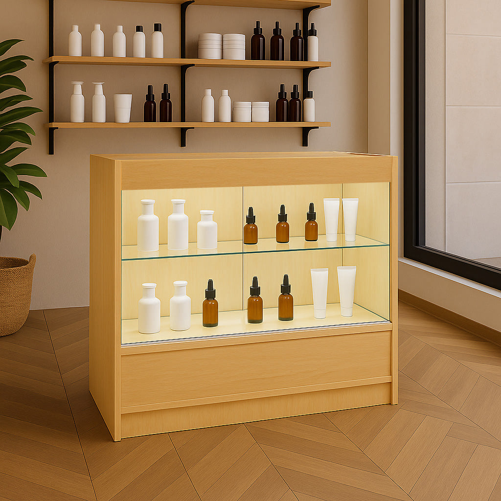 Bancone da negozio in legno d'acero con illuminazione LED, ripiani in vetro e prodotti cosmetici in bottiglie di vetro e plastica