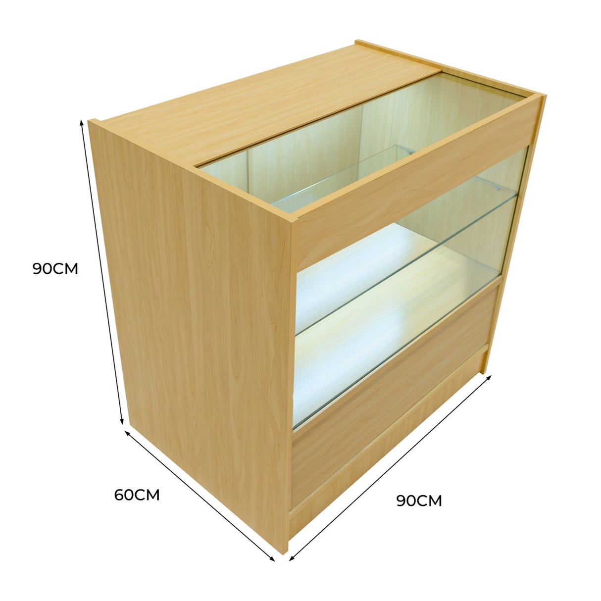 Bancone da negozio in legno d'acero con illuminazione LED, vetri trasparenti e due ripiani, design moderno e funzionale