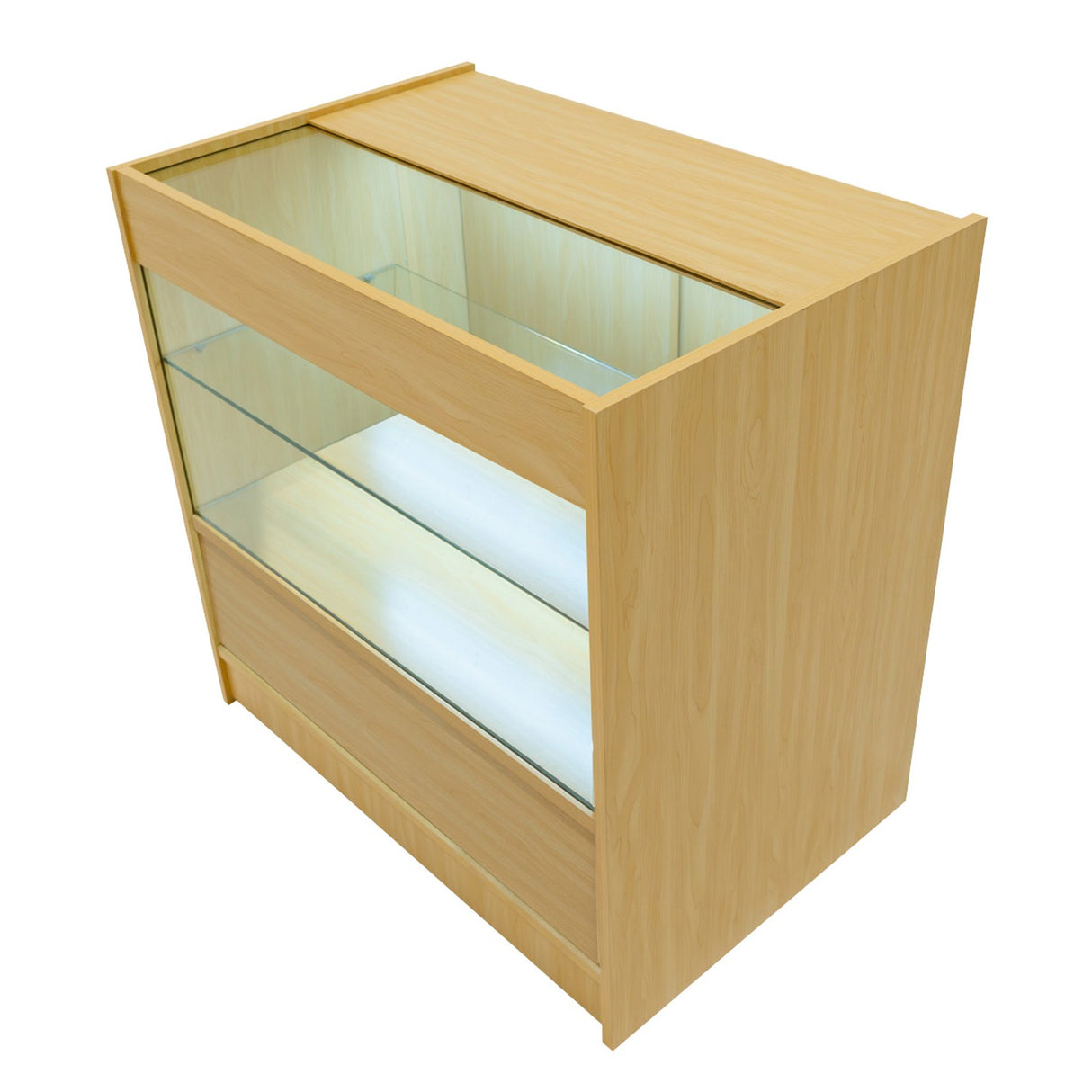 Bancone da negozio in legno d'acero con illuminazione LED, ripiani in vetro trasparente e cassetto inferiore in legno chiaro