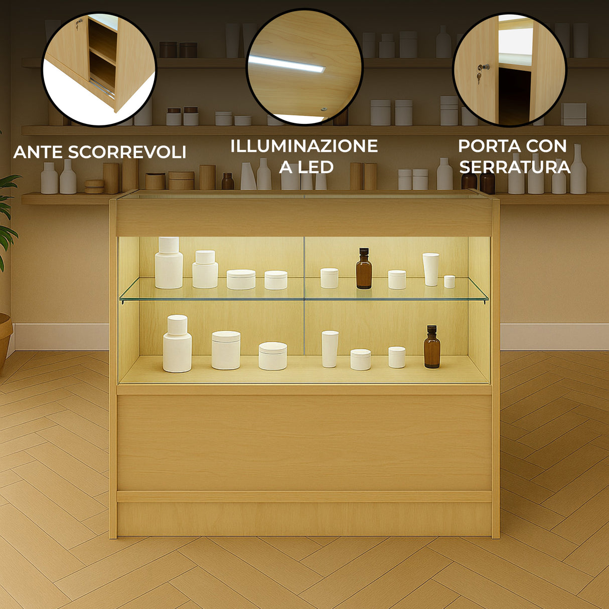 Bancone da negozio in legno d'acero con ante scorrevoli, illuminazione a LED e porta con serratura, ideale per esposizione prodotti