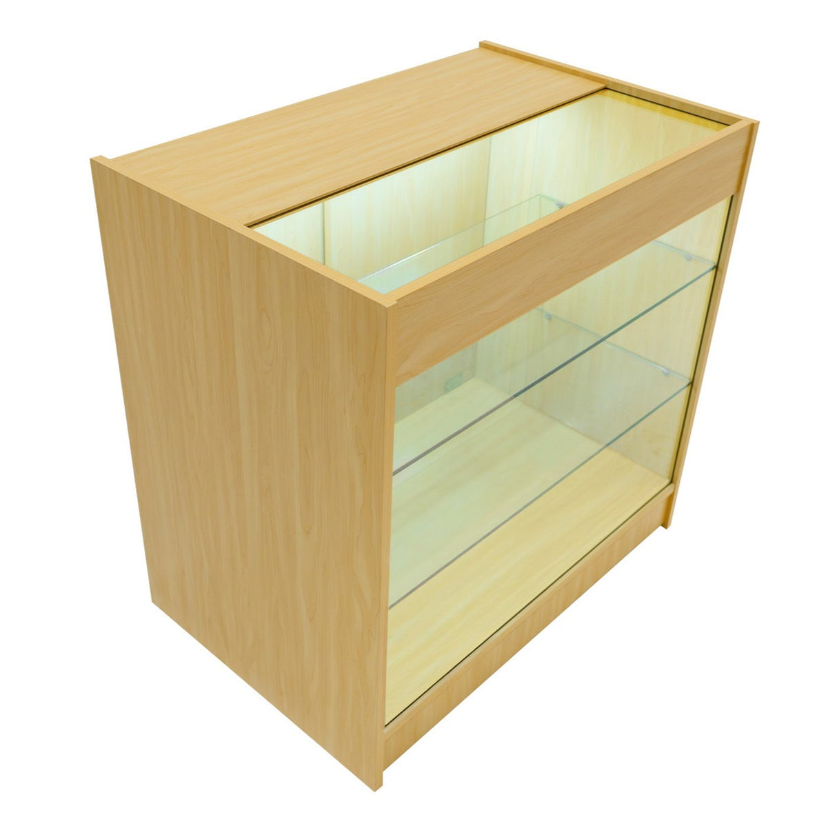 Bancone da negozio in legno d'acero con illuminazione LED, ripiani in vetro trasparente e finitura liscia e moderna