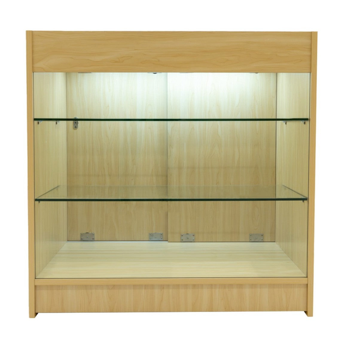 Bancone da negozio in legno d'acero con illuminazione LED, ripiani in vetro trasparente e finitura liscia e moderna