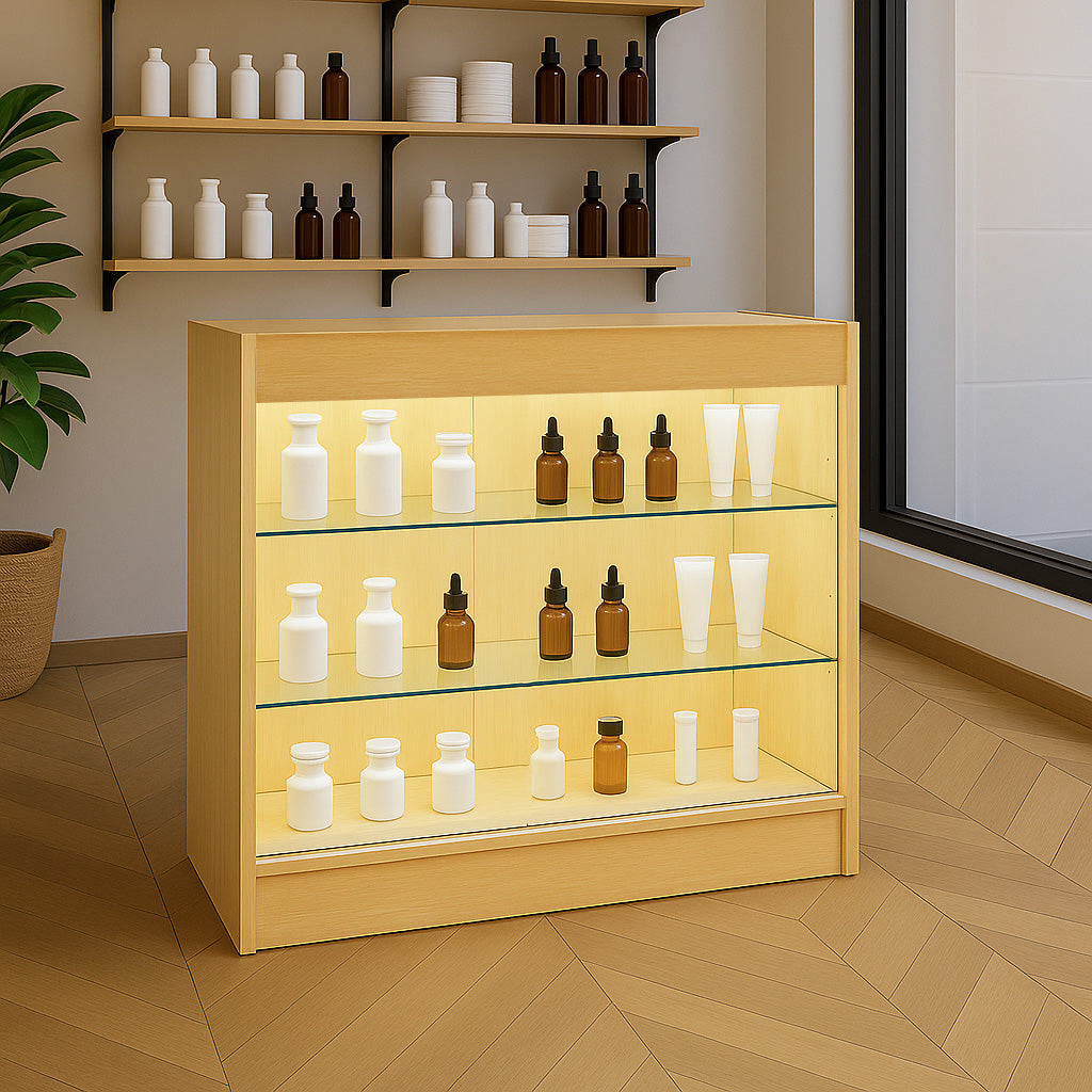 Bancone da negozio in legno d'acero con illuminazione LED, ripiani in vetro e prodotti cosmetici in bottiglie bianche e marroni