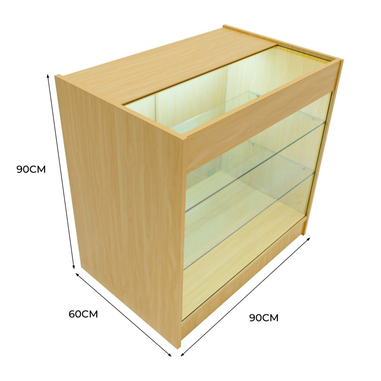 Bancone da negozio in legno d'acero con illuminazione LED, dimensioni 90x60x90 cm, design moderno e trasparente con ripiani in vetro