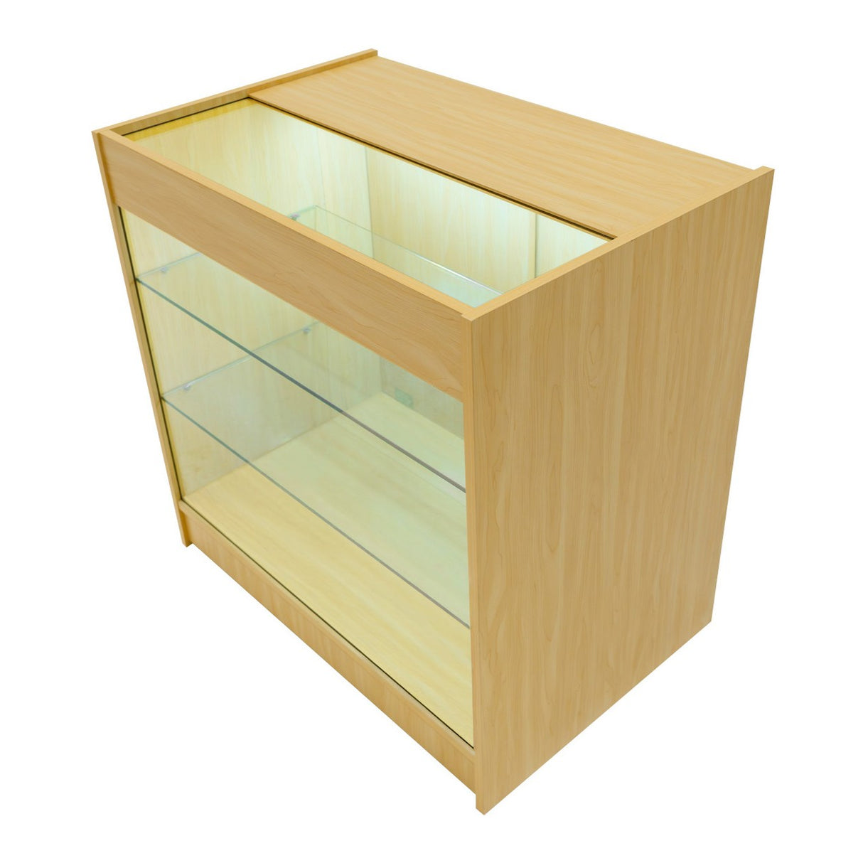 Bancone da negozio K900 in legno d'acero chiaro, con ripiani in vetro e illuminazione LED, design moderno e funzionale