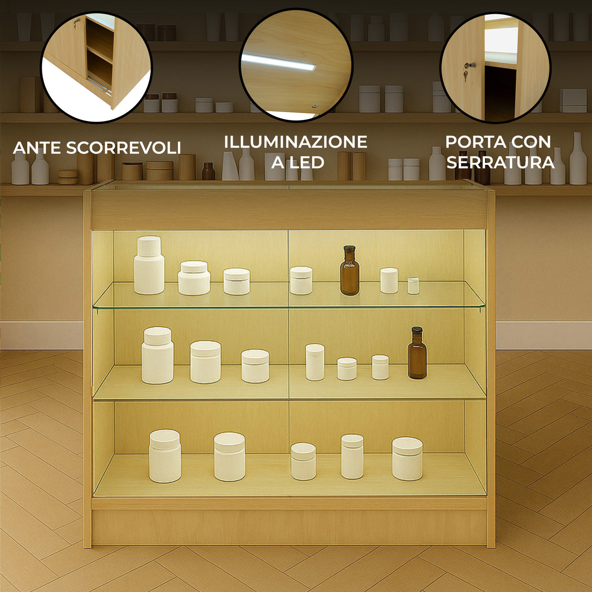 Bancone da negozio in legno d'acero con ante scorrevoli, illuminazione a LED e porta con serratura, espositore elegante e funzionale