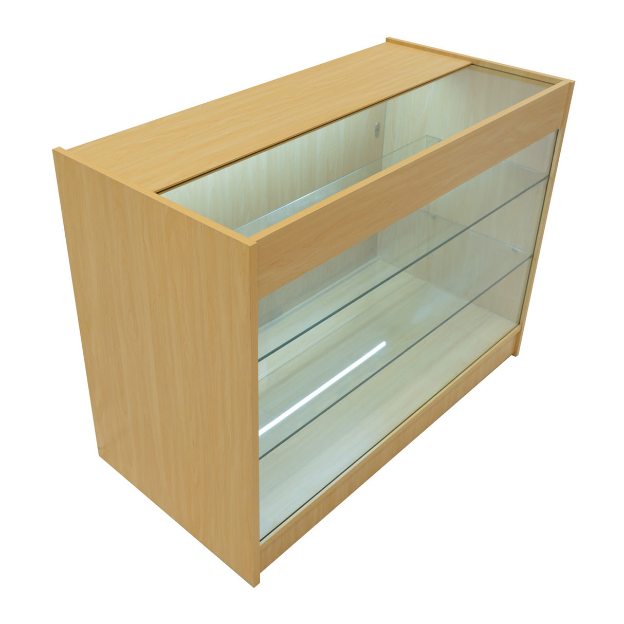 Bancone da negozio K1200 in legno d'acero, con vetro trasparente e illuminazione LED, design moderno e linee pulite