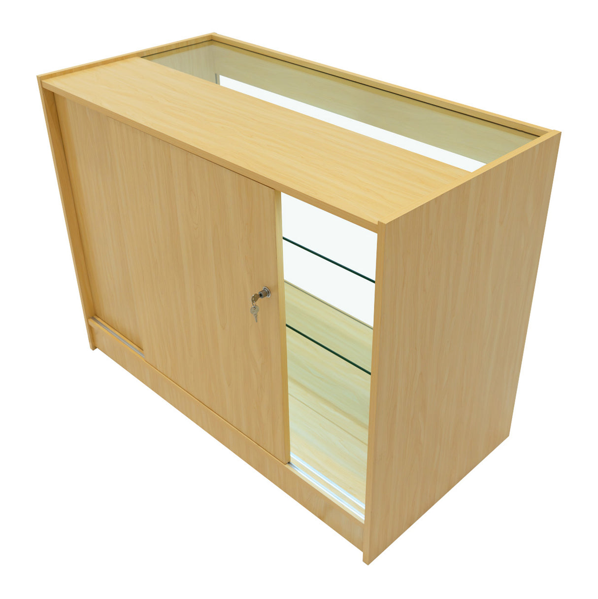 Bancone da negozio K1200 in acero chiaro, con ante scorrevoli, ripiani in vetro e illuminazione LED integrata per un design moderno ed elegante