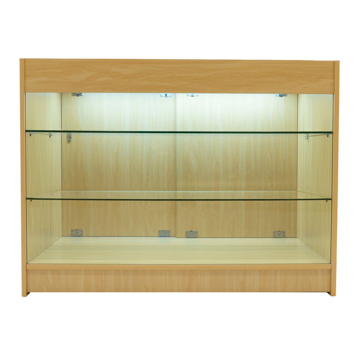 Bancone da negozio in legno d'acero con illuminazione LED, ripiani in vetro trasparente e finitura liscia e moderna
