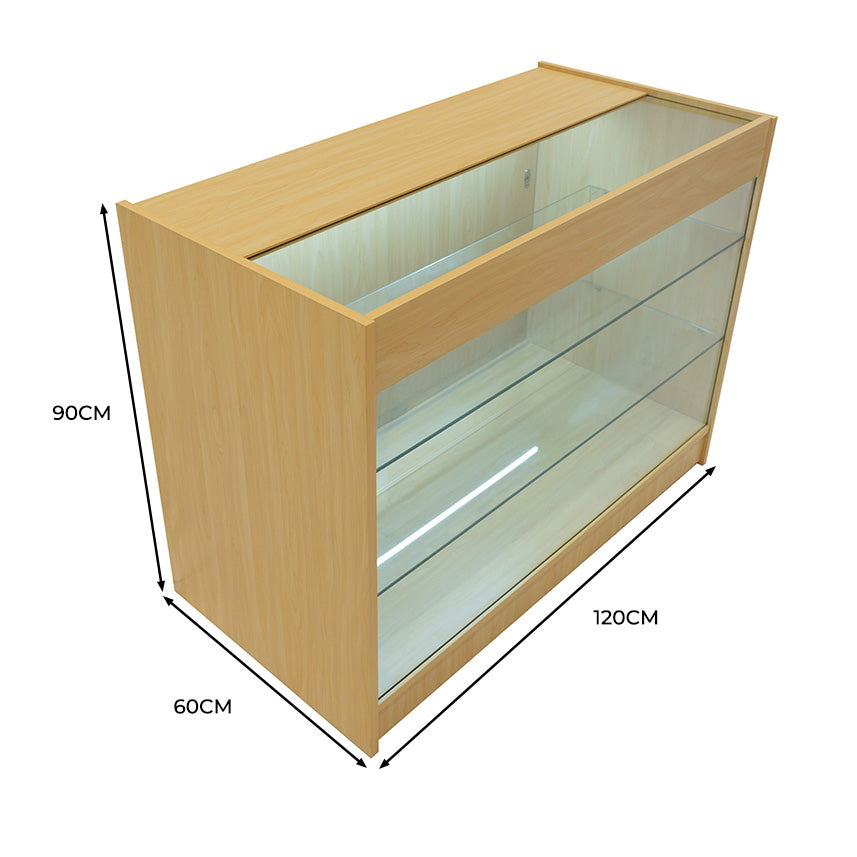 Bancone da negozio in legno d'acero con illuminazione LED, ripiani in vetro, design moderno e dimensioni 120x60x90 cm