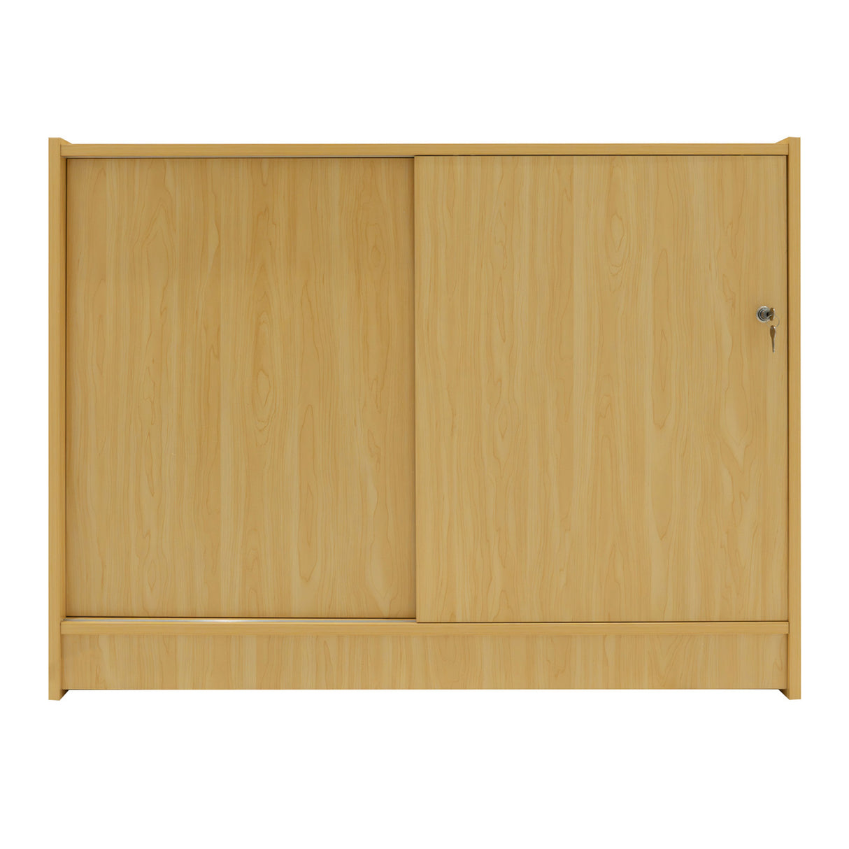 Bancone da negozio K1200 in legno d'acero chiaro, con ante scorrevoli e finitura liscia, ideale per esposizione e stoccaggio
