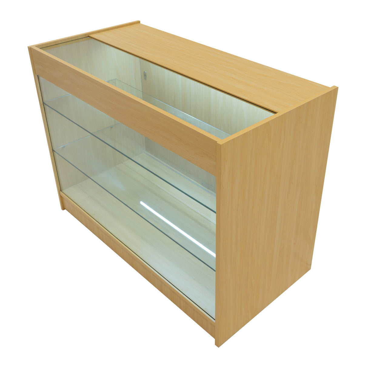 Bancone da negozio K1200 in legno d'acero, con ripiani in vetro trasparente e illuminazione LED, design moderno e funzionale
