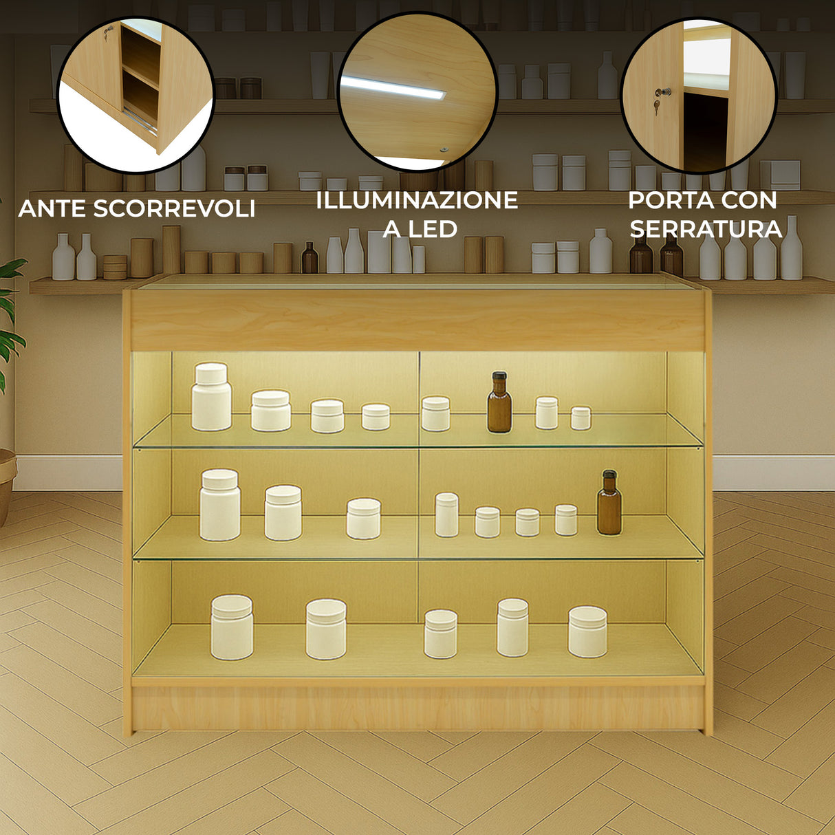 Bancone da negozio in legno d'acero con ante scorrevoli, illuminazione a LED e ripiani in vetro per esposizione di prodotti