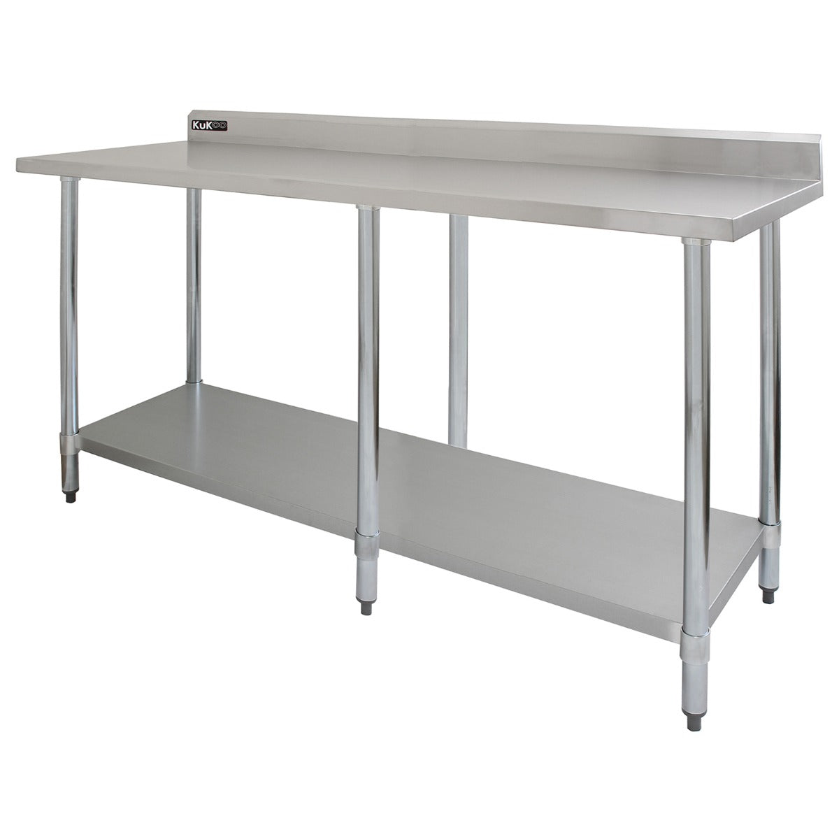 Tavolo da cucina in acciaio inox, dimensioni 210x60x90cm, superficie liscia e brillante, con ripiano inferiore per riporre utensili