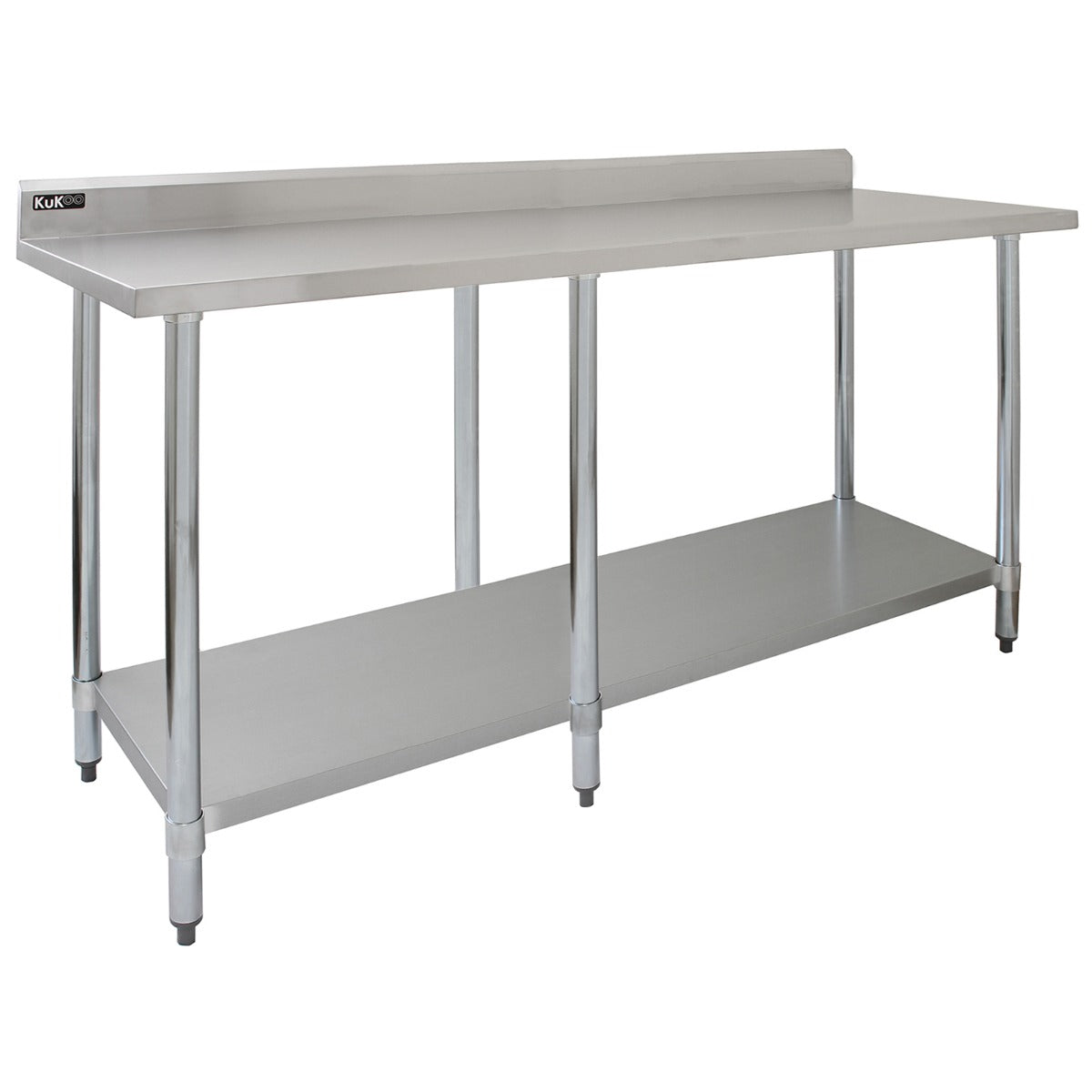 Tavolo da cucina in acciaio inox, dimensioni 210x60x90cm, superficie liscia e brillante, con ripiano inferiore per stoccaggio
