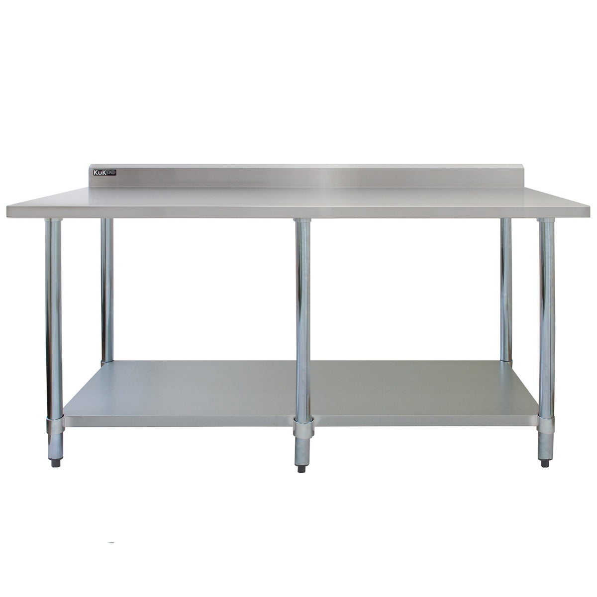 Tavolo da cucina in acciaio inox lucido, dimensioni 210x60x90cm, con ripiano superiore e scaffale inferiore per un'ottima organizzazione
