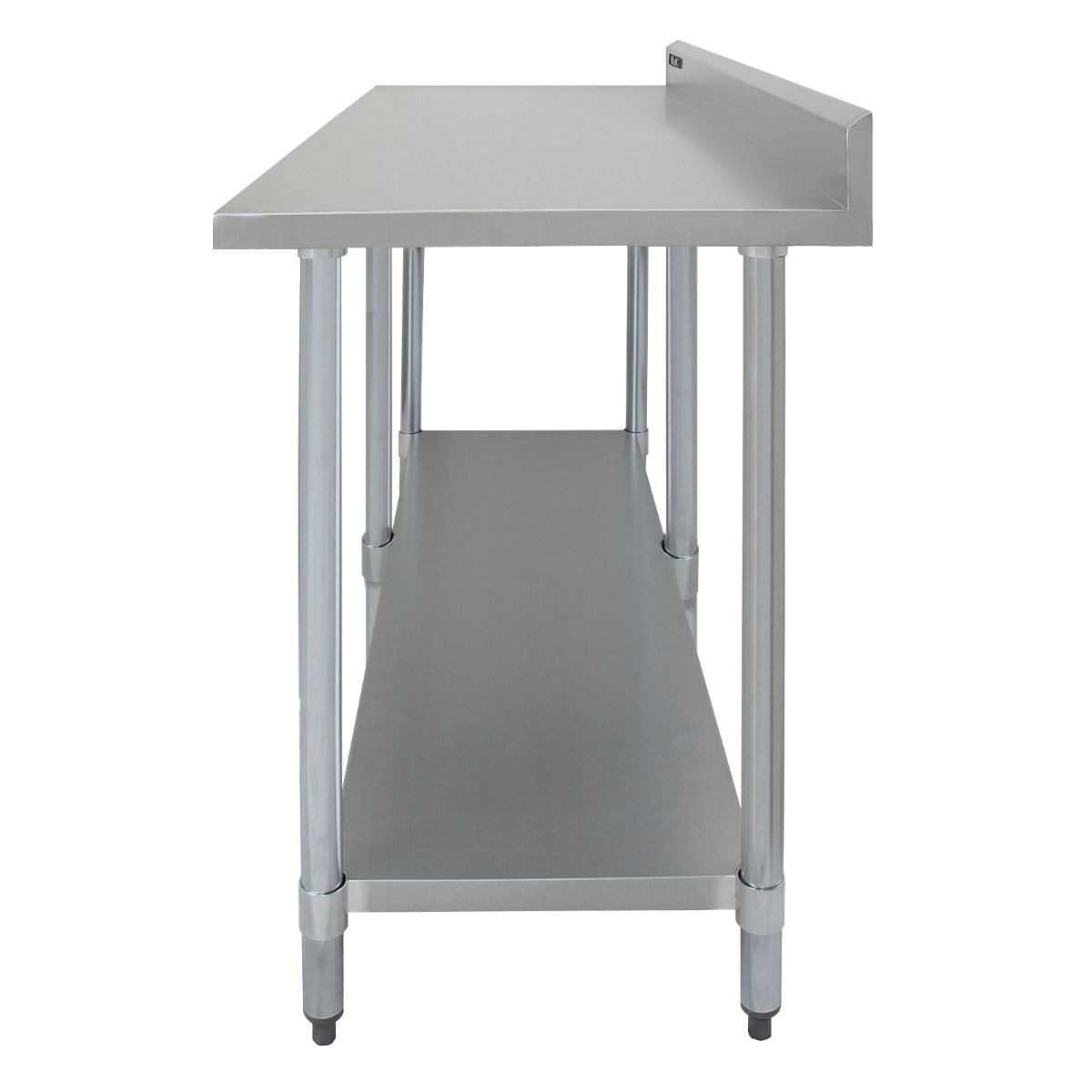 Tavolo da cucina in acciaio inox, dimensioni 210x60x90cm, con superficie liscia e ripiano inferiore per riporre utensili e attrezzature