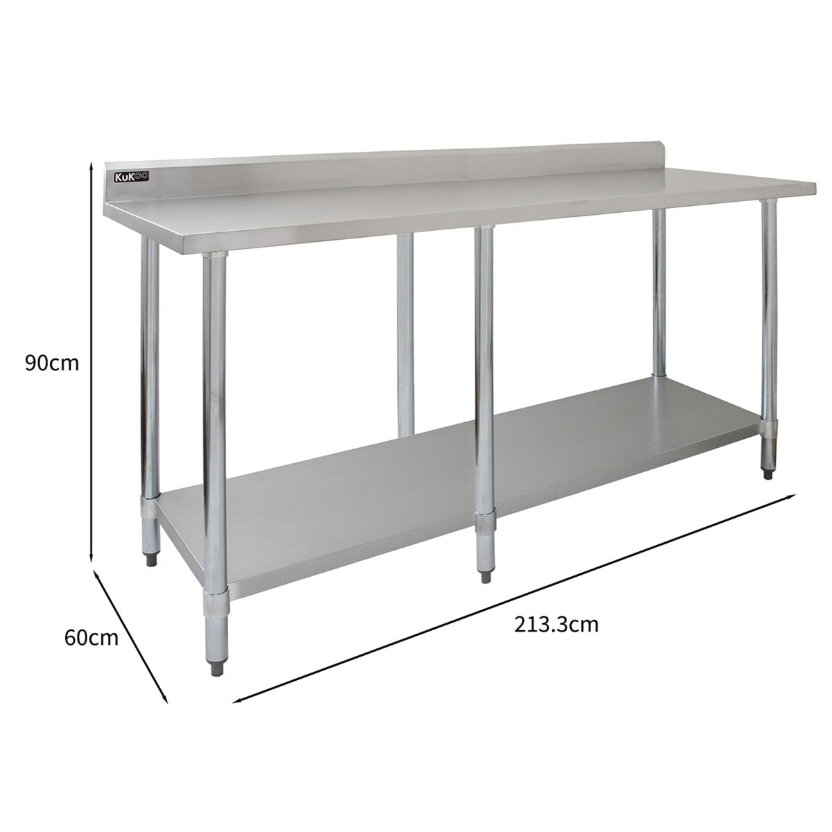 Tavolo da cucina in acciaio inox, dimensioni 210x60x90cm, superficie liscia e resistente, con ripiano inferiore per ulteriore spazio di stoccaggio