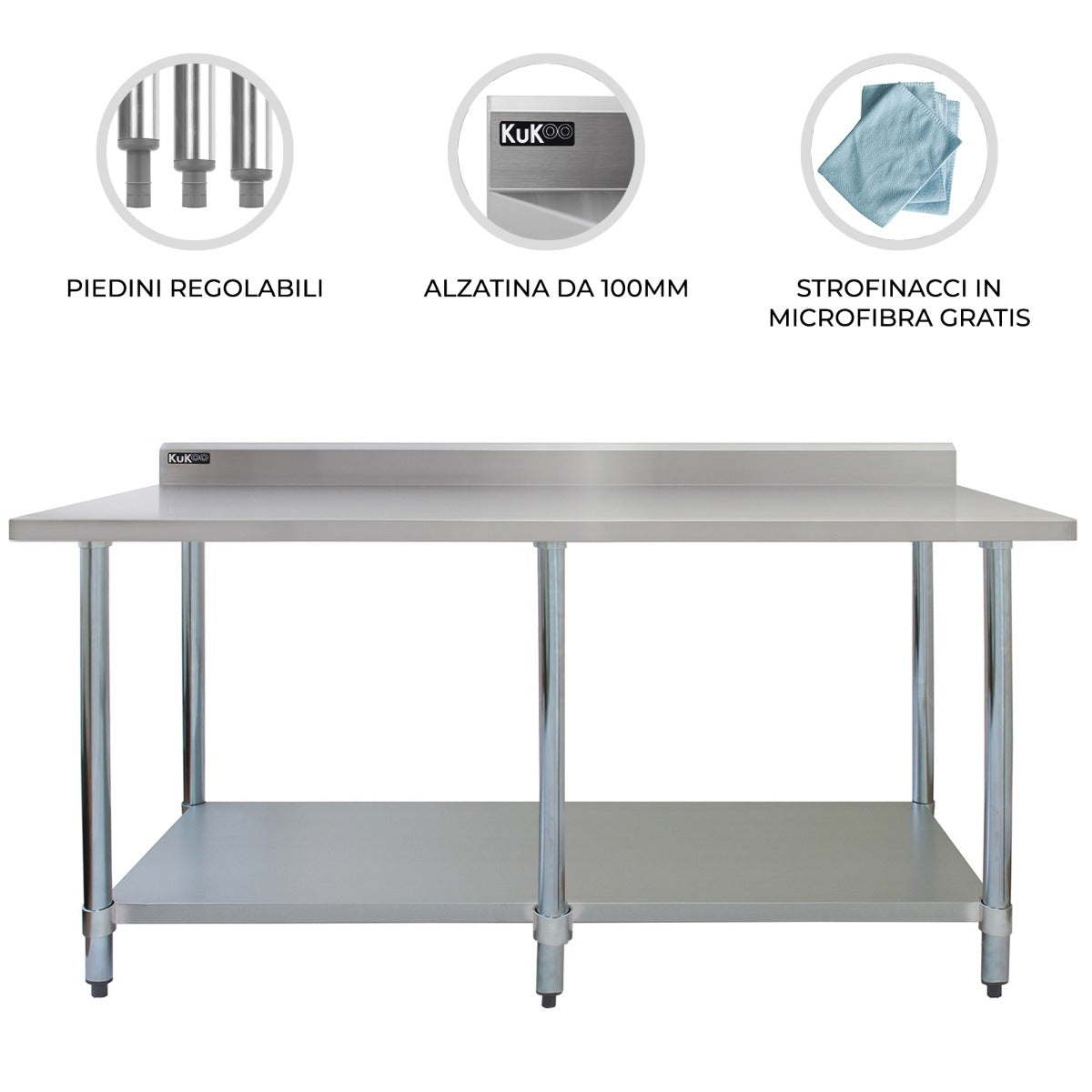 Tavolo da cucina in acciaio inox, dimensioni 210x60x90cm, con ripiano liscio, piedi regolabili e alzatina di 100mm per stabilità