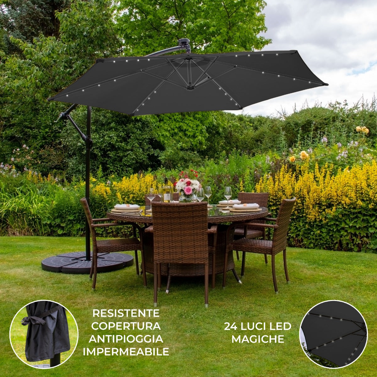 Ombrellone da Giardino Decentrato 3m con LED - Base Tonda - Grigio