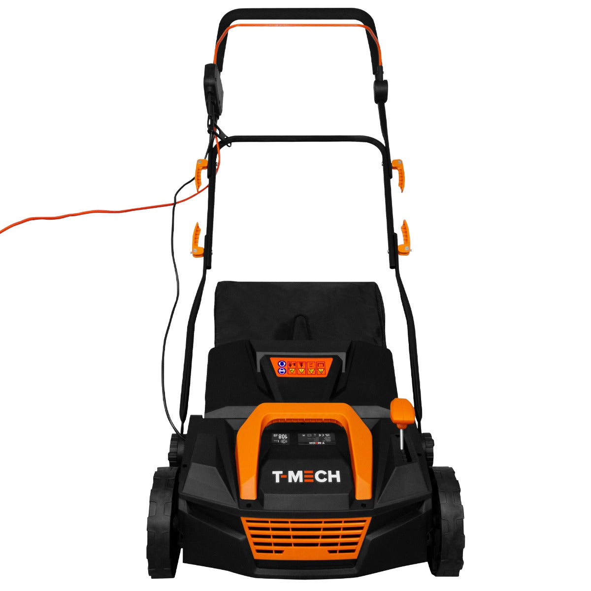 Aspiratore per erba artificiale T-Mech con manico regolabile, ruote robuste e design compatto, in colori nero e arancione
