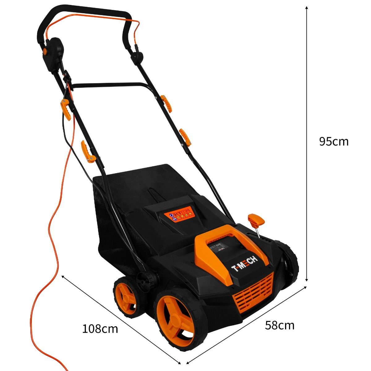 Aspiratore per erba artificiale T-Mech con struttura nera e dettagli arancioni, ruote robuste e manico regolabile, dimensioni 108x58x95 cm
