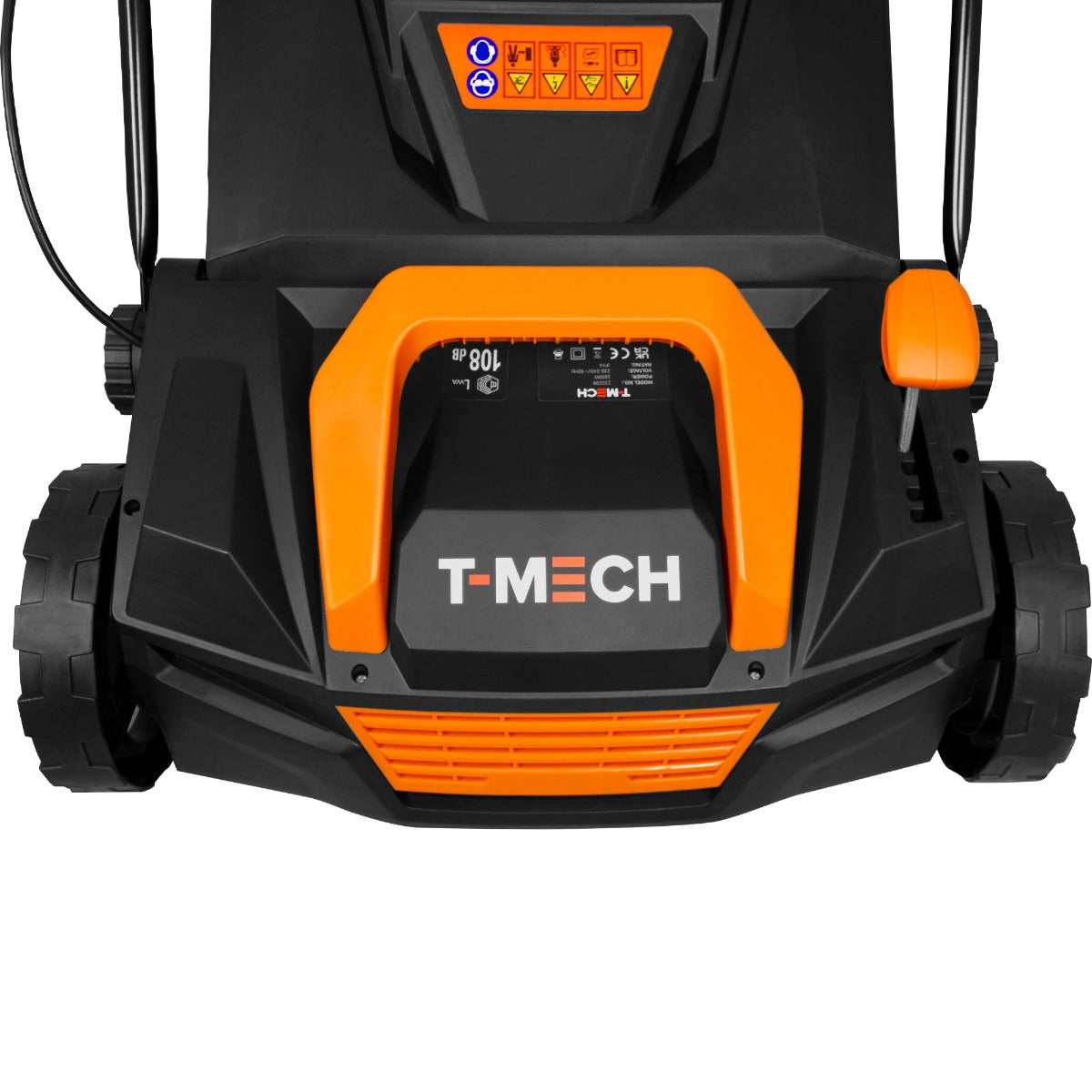 Aspiratore per erba artificiale T-Mech con manico arancione, pannello di controllo e ruote robuste, design compatto e funzionale