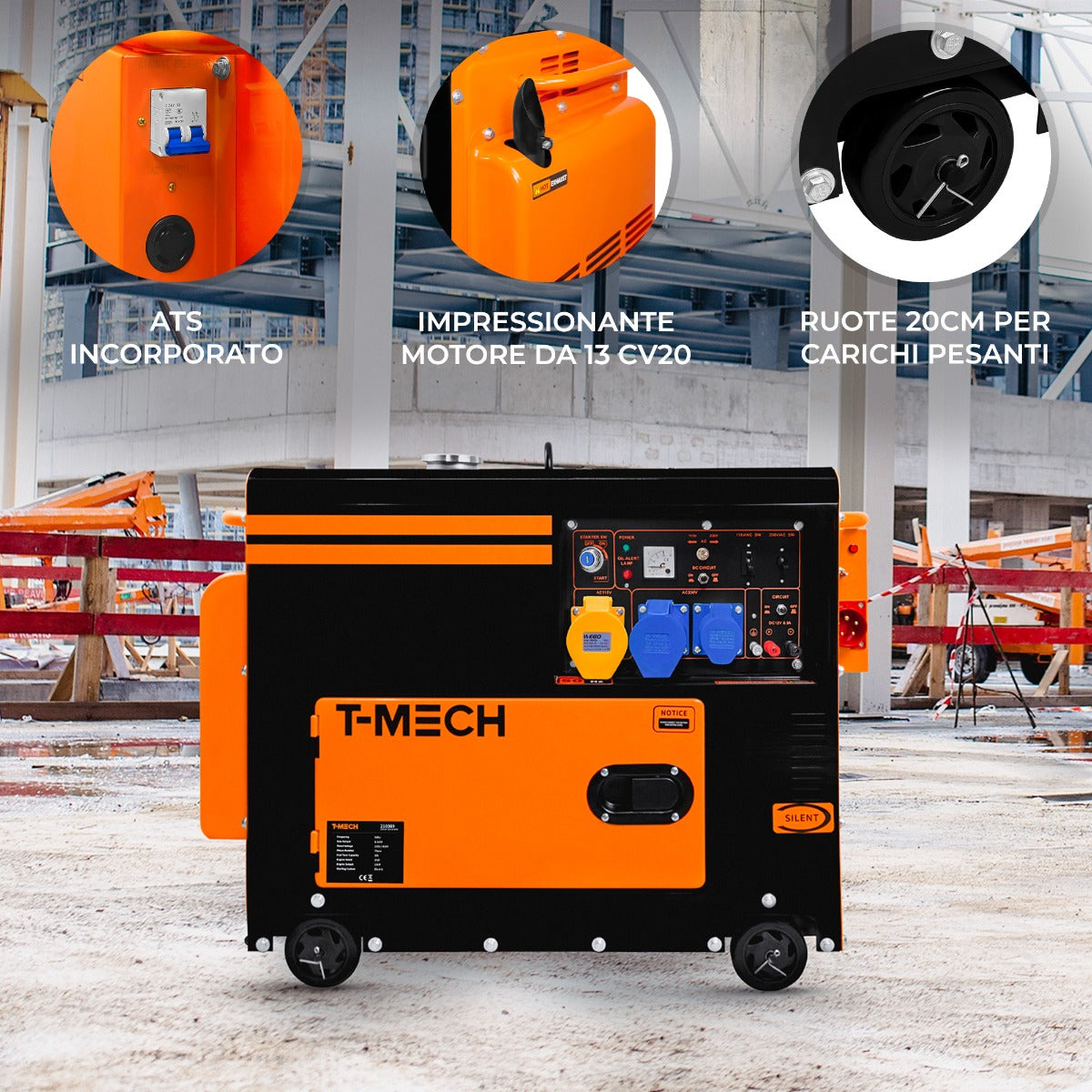 Generatore diesel portatile T-Mech, silenzioso, trifase 400V, con ruote da 20 cm, pannello di controllo blu e arancione, design robusto e compatto