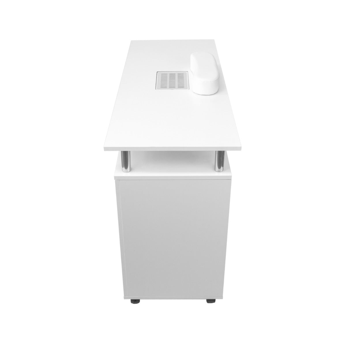 Tavolo per manicure professionale bianco con superficie liscia, cassetto laterale e aspiratore integrato per polvere di unghie