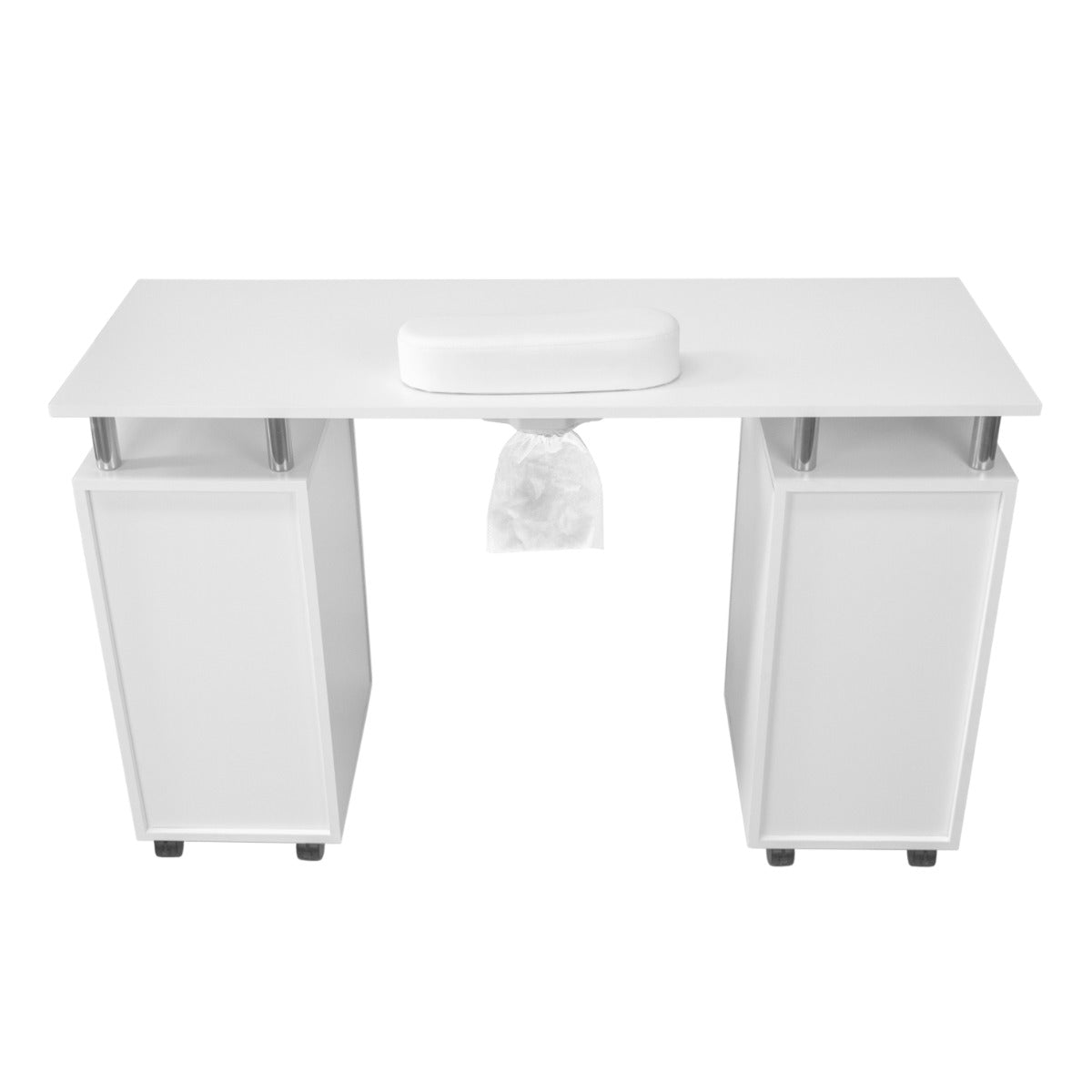 Tavolo per manicure professionale bianco, con superficie liscia, supporto per polsi e contenitore per rifiuti integrato, design moderno
