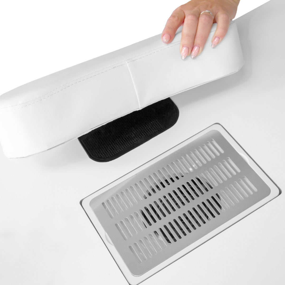 Tavolo per manicure professionale con superficie bianca, cuscino in pelle sintetica e griglia di ventilazione nera integrata
