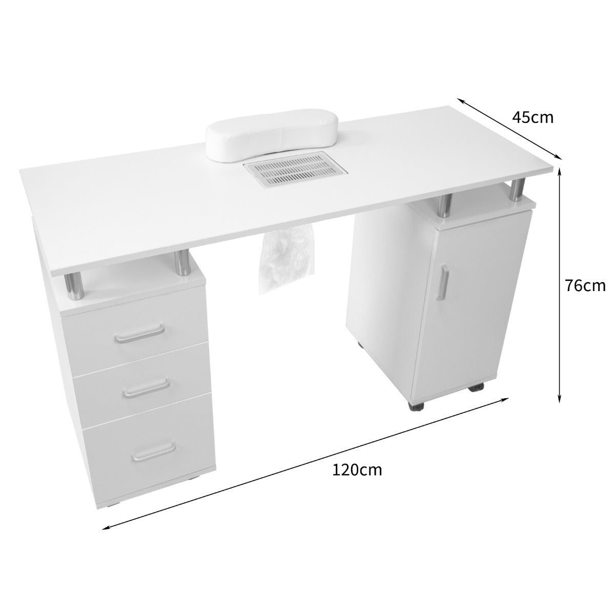 Tavolo per manicure professionale bianco, con superficie liscia, cassetti laterali e armadietto, design moderno e funzionale