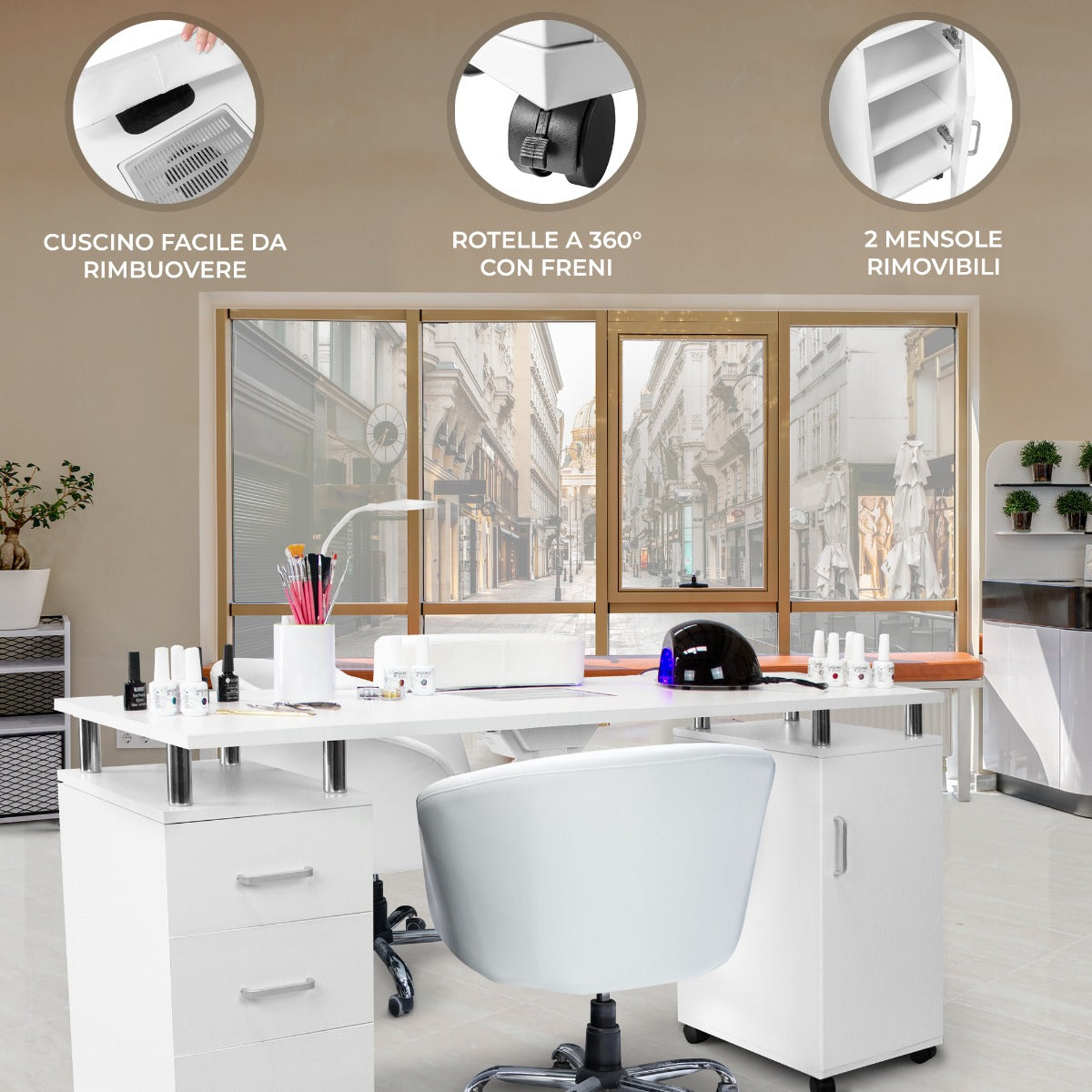 Tavolo per manicure professionale bianco con cuscino rimovibile, ruote girevoli e due mensole, in un ambiente luminoso e moderno