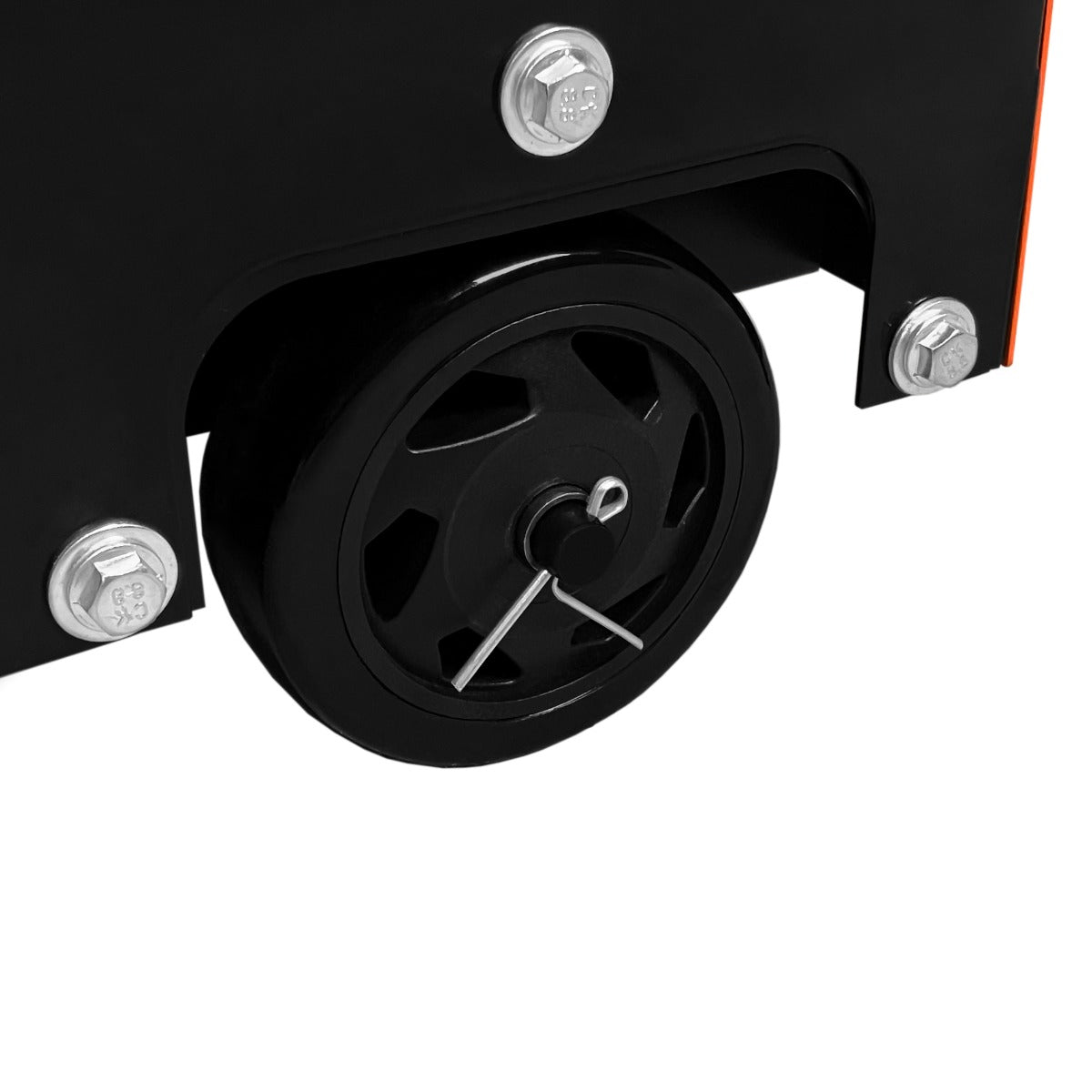 Ruota nera in plastica del generatore diesel T-Mech, con dettagli metallici e design robusto, ideale per un trasporto facile e silenzioso