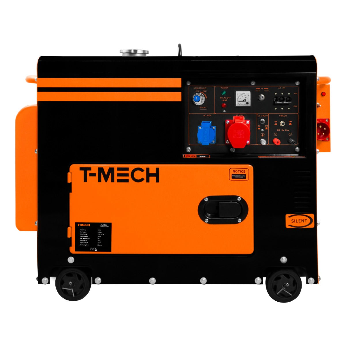 Generatore diesel portatile T-Mech silenzioso, con scocca nera e arancione, pannello di controllo con prese e manopole, ruote per trasporto facile
