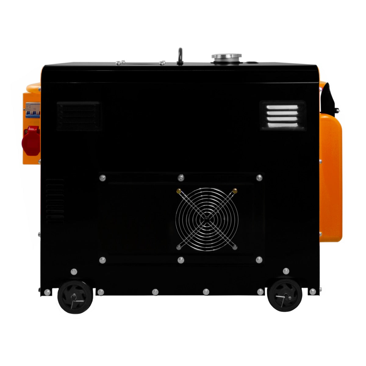 Generatore diesel portatile silenzioso trifase 400V, con scocca nera, dettagli arancioni e ruote per facile trasporto