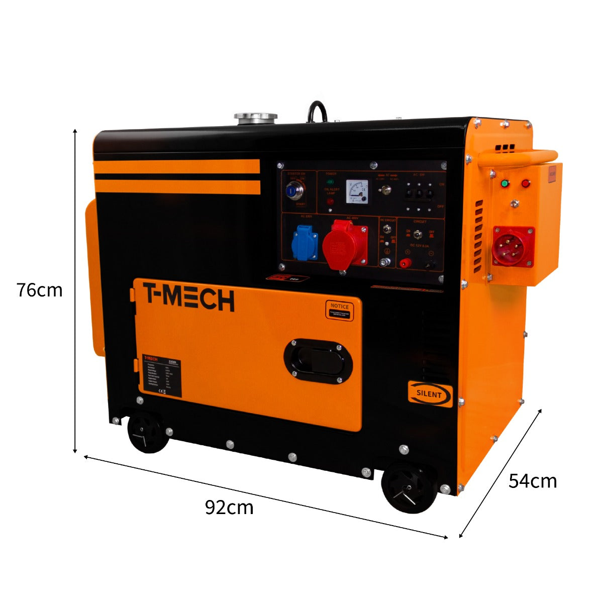 Generatore diesel portatile T-Mech, silenzioso, trifase 400V, con scocca nera e arancione, maniglie e ruote per facile trasporto