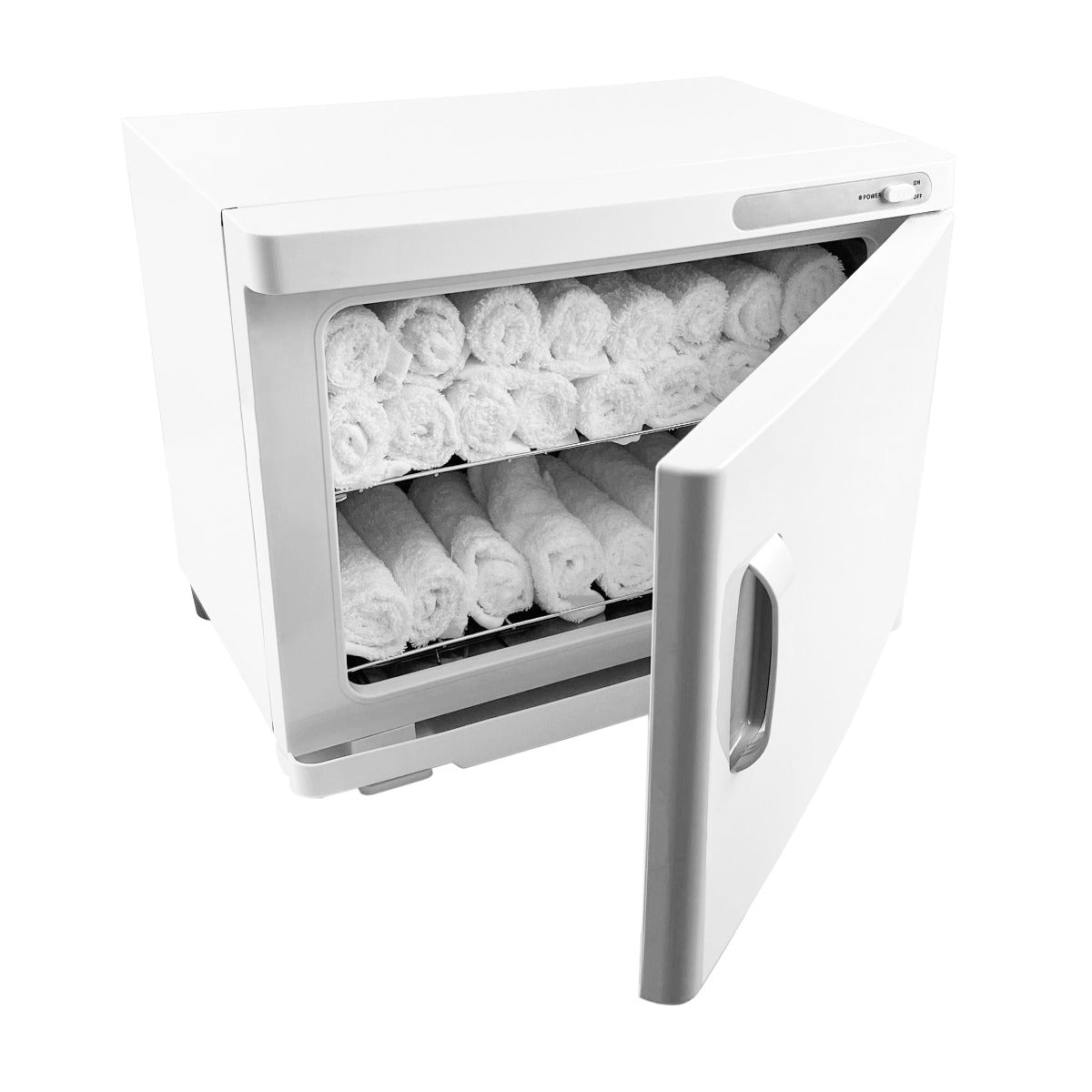 Scaldasalviette bianco con porta aperta, contenente asciugamani bianchi arrotolati, design moderno e superficie liscia