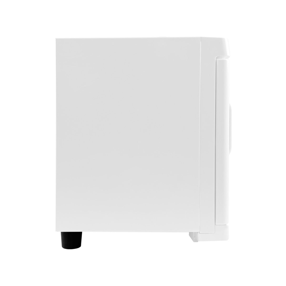 Scaldasalviette bianco, design moderno e minimalista, superficie liscia e lucida, con piedini neri per stabilità e supporto