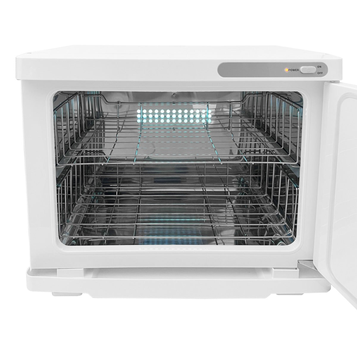 Scaldasalviette bianco con struttura in acciaio inox lucido, design moderno, spazi interni ampi e illuminazione LED blu