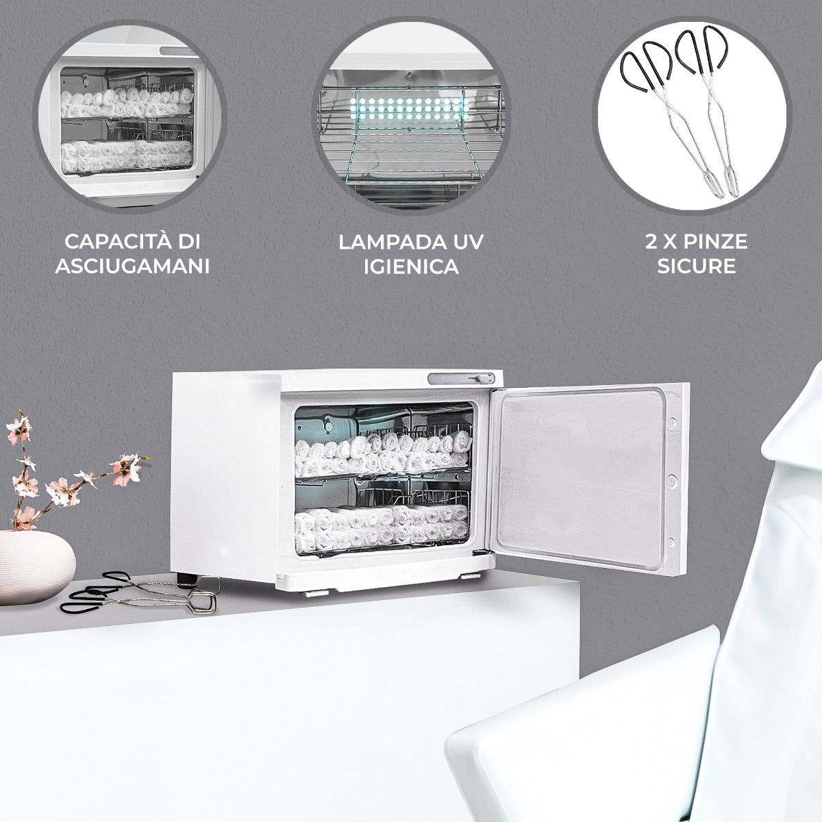 Scaldasalviette bianco con porta trasparente, capiente per asciugamani, dotato di lampada UV e pinze sicure per un uso igienico