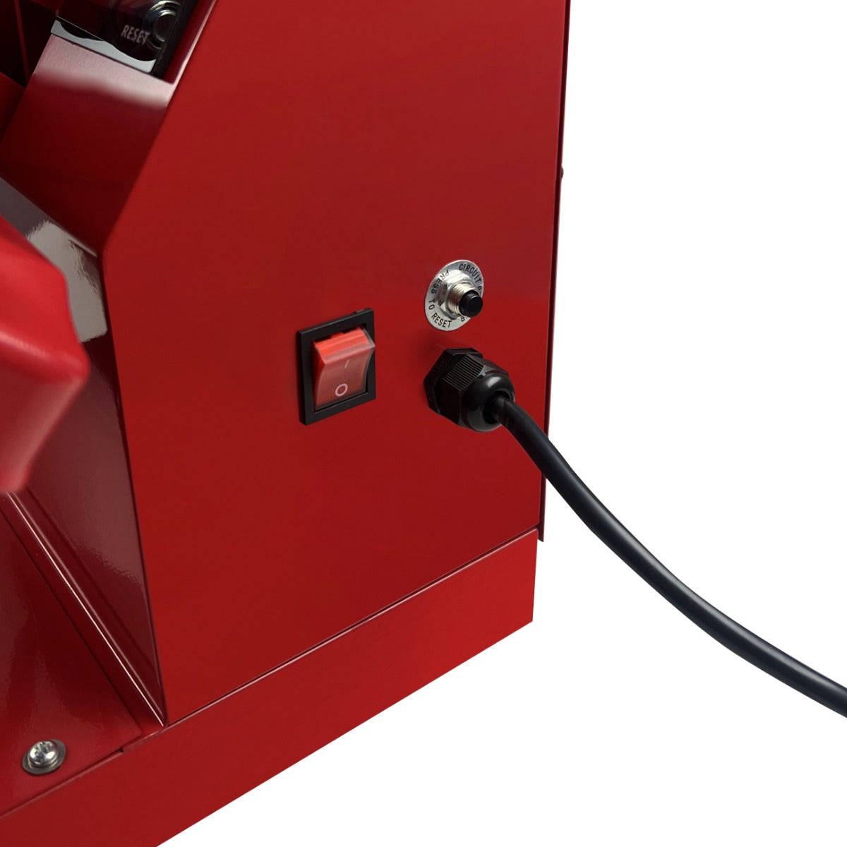 Pressa a caldo rossa con interruttore e presa, progettata per la sublimazione su magliette, dettagli robusti e finitura lucida