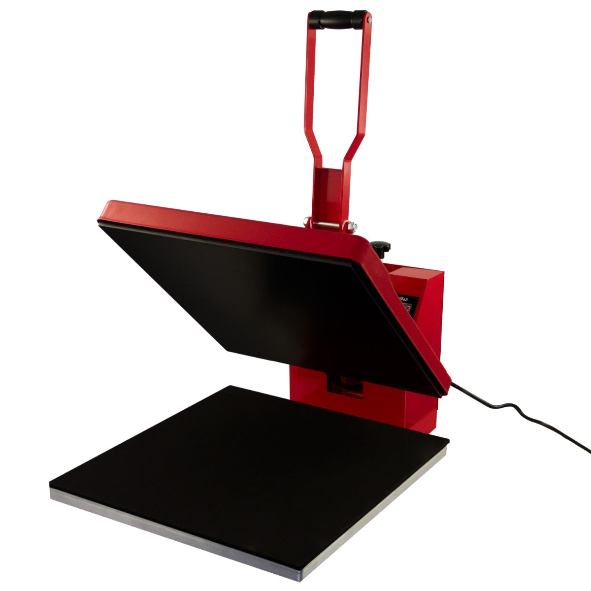 Pressa a caldo rossa con piano di lavoro nero, ideale per la sublimazione su magliette, dimensioni 50cm x 50cm, design robusto e funzionale