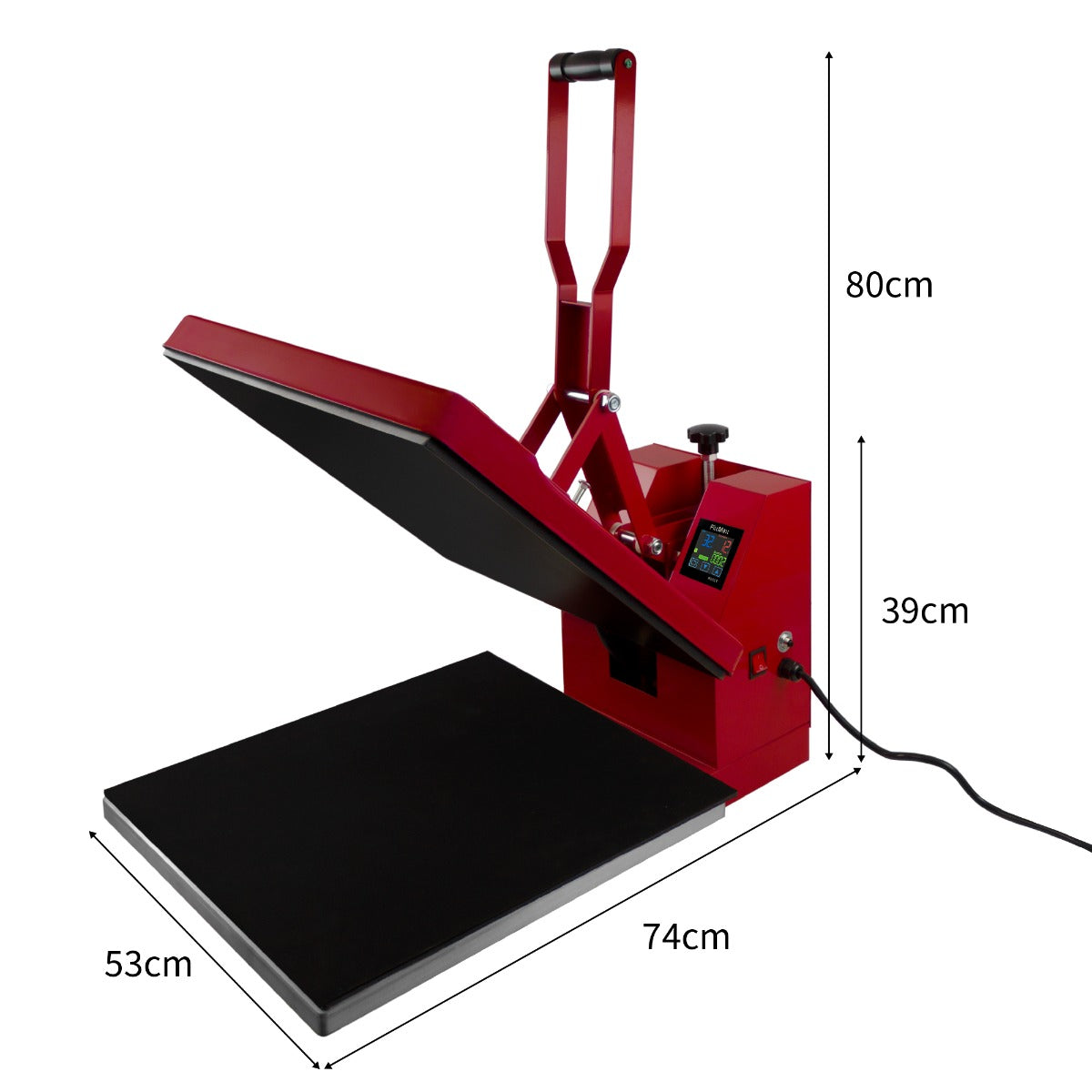 Pressa a caldo rossa per sublimazione, superficie nera di 50x50 cm, manico ergonomico, display digitale e dimensioni totali 74x53x80 cm