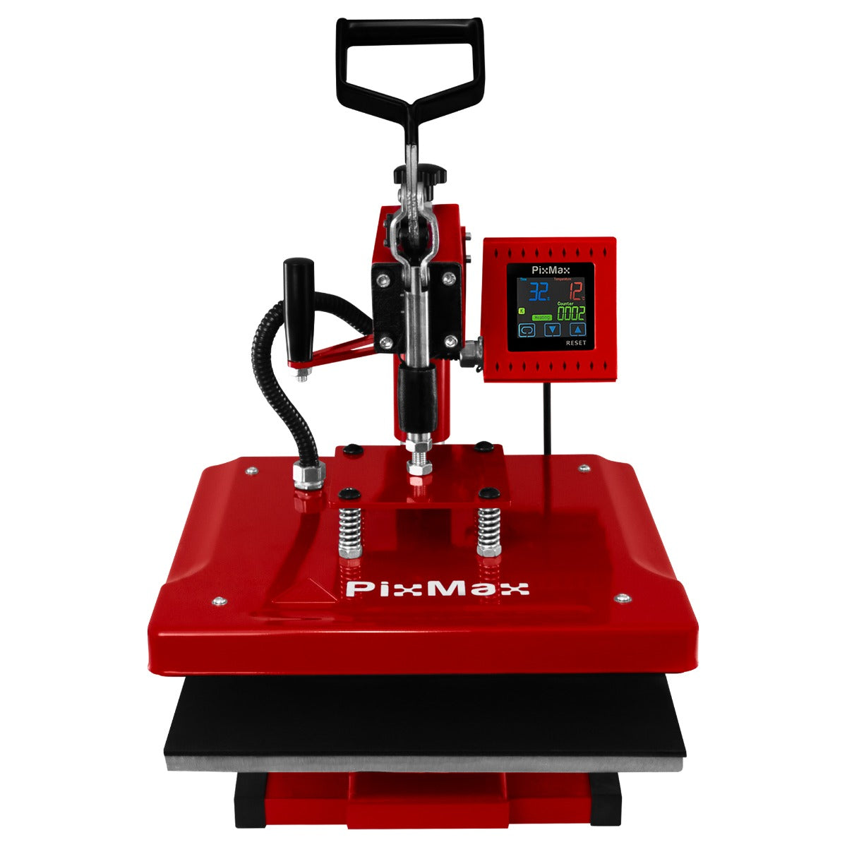 Pressa termica rossa 38 x 38 cm con display digitale, manico ergonomico e base in metallo, ideale per trasferimenti di stampa