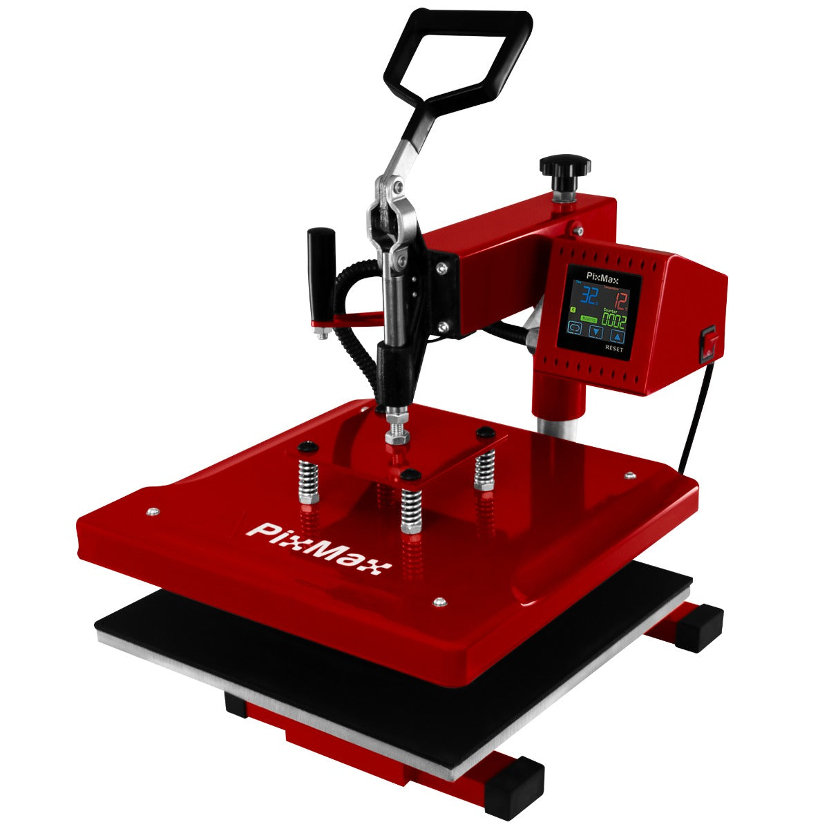 Pressa termica rossa PixMax 38 x 38 cm con manico ergonomico, display digitale e base in gomma per stabilità durante l'uso